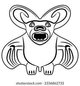 Stylized bat. Ancient Peruvian Mochica art. Native American ethnic animal design of Moche Indians. Black and white linear silhouette.