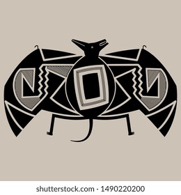 Stylized bat. Geometrical monochrome silhouette. Native American tribal animal motif from Mimbres pottery. Isolated vector illustration.