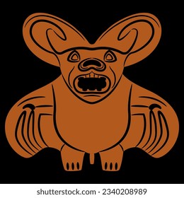 Stylized bat. Halloween symbol. Black and orange silhouette. Ancient Peruvian Mochica art. Native American ethnic animal design of Moche Indians.