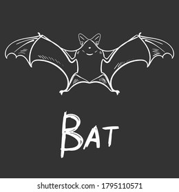 Stylized bat. Hand drawn linear rough sketch. White silhouette on black background.