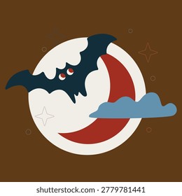 A stylized bat with red eyes flies past a crescent moon and cloud with stars