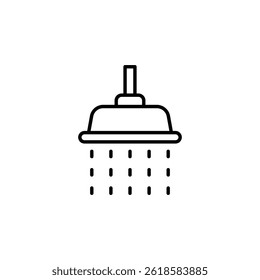 Stylized bathroom shower head emitting water flow in simple line art
