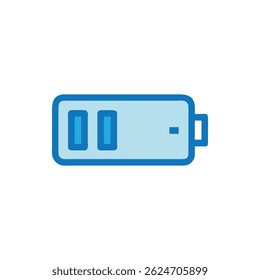 Stylized battery icon with low charge indicator in light and dark blue on a White Background. Flat, minimal design.