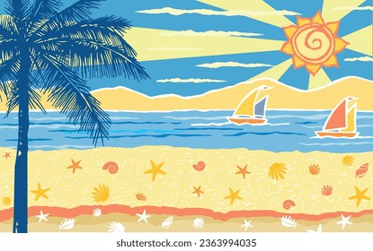 Stylized beach landscape vector illustration. Free and laid-back style design. Art for printing on fabrics, sarongs, decoration, etc.