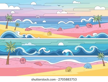 Escena de playa estilizada con palmeras, conchas marinas y guerra colorida