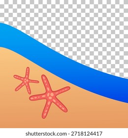 Stylized beach scene with two red starfish on sand next to a blue wave, featuring a transparent background.