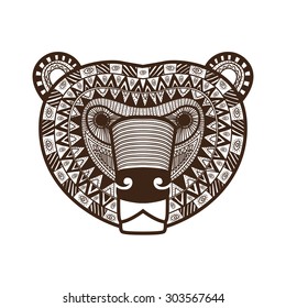 stylized Bear face. Hand Drawn doodle vector illustration isolated on white background.