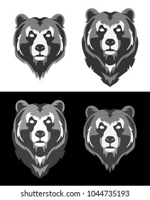 stylized bear head on white and black background, vector illustration, isolated object