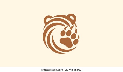 Stylized bear head and paw logo design featuring minimalist brown swirl lines on a beige background. Professional wildlife animal silhouette for brand identity and icons.