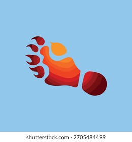 Uma impressão de pata de urso estilizada renderizada em um gradiente de vermelhos inflamados e laranjas contra um plano de fundo azul claro sólido.