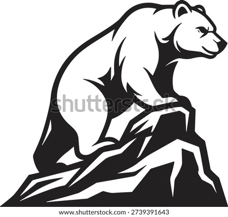 Stylized bear standing on rocky mountain illustration, bold wildlife design, strong vigilant pose vector art, nature resilience symbol