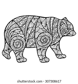 Stylized bear zantangle handmade isolated vector on a white background for your design. Collection of animals.