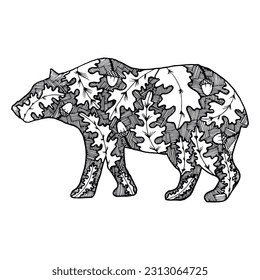 Stylized bear in zintagl style. Patterned with oak leaves and acorns. Template for the cover of a book, magazine or article. Vector illustration