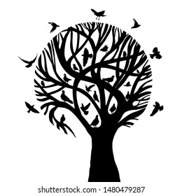 A stylized beautiful monochrome tree with birds. Vector illustration