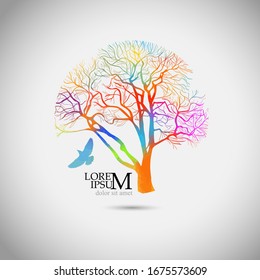 A stylized beautiful multi-colored tree with bird. Mixed media. Vector illustration