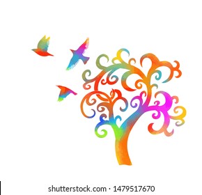 A stylized beautiful multi-colored tree with birds. Vector illustration
