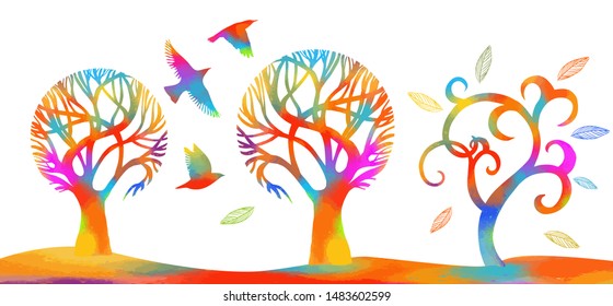 A stylized beautiful multi-colored tree with birds. Vector illustration