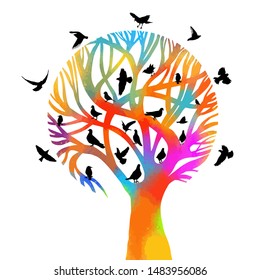 A stylized beautiful multi-colored tree with birds. Vector illustration