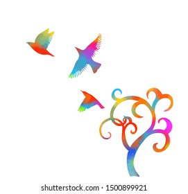 A stylized beautiful multi-colored tree with birds. Vector illustration