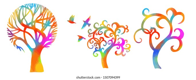 A stylized beautiful multi-colored tree with birds. Vector illustration