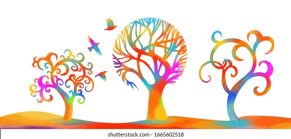 A stylized beautiful multi-colored tree with birds. Mixed media. Vector illustration