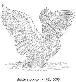 Stylized beautiful swan, isolated on white background. Freehand sketch for adult anti stress coloring book page with doodle and zentangle elements.