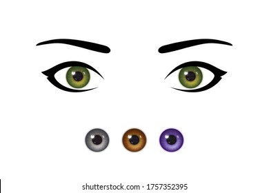 Stylized beautiful woman's eyes and realistic irises, set of irises of natural and unnatural colors. Design for ophthalmology service. Concept of healthy eyes and beauty trends