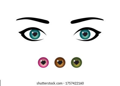 Stylized beautiful woman's eyes and realistic irises of different colors, with pupils shaped like heart. Concept of healthy eyes of girl in love, beauty trends, falling in love, love at first sight