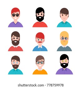 Stylized beautiful young boys and men. Avatars in cartoon flat style. Male characters. Vector illustration