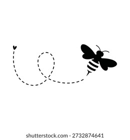A stylized bee illustration with a dotted flight path and heart