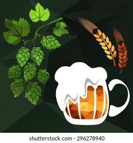 Stylized beer with hop on a dark background.