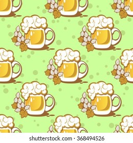 Stylized beer and hop on a green background. Seamless pattern.