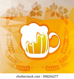 Stylized beer and hop on a light brown polygonal background.