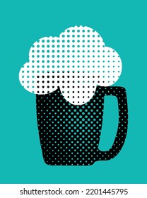 Stylized beer mug with foam. Silhouette with polka dot holes. Black and white vector illustration on an emerald background. Oktoberfest. Craft. Bubbles. Symbol, logo, icon for a beer store