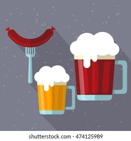 Stylized beer mugs and sausage. Flat design.