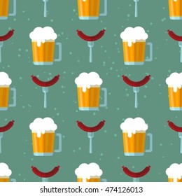 Stylized beer mugs and sausages. Flat design. Seamless pattern.