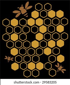 Stylized bees and honey on a black background.