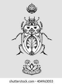 Stylized beetle. Egyptian ornament. Scarab. Insect. Line art. Black and white drawing by hand. Decorative. Tattoo.