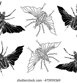 stylized beetle pattern black lines and silhouette.textile pattern.hand drawn graphic