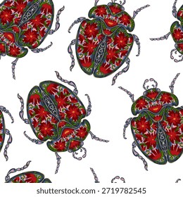 Stylized beetles decorated with folk art floral patterns. Elegant insects. Seamless endless pattern.
