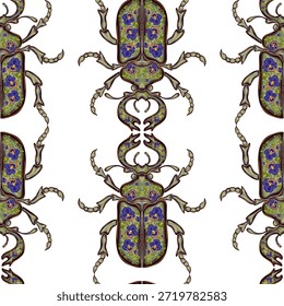 Escarabajos estilizados decorados con patrones florales de arte popular. Elegantes insectos. Patrón sin fin.