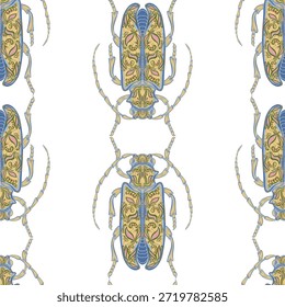 Stylized beetles decorated with folk art floral patterns. Elegant insects. Seamless endless pattern.