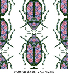 Escarabajos estilizados decorados con patrones florales de arte popular. Elegantes insectos. Patrón sin fin.