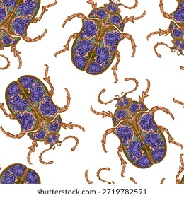 Stylized beetles decorated with folk art floral patterns. Elegant insects. Seamless endless pattern.