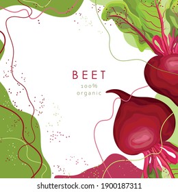 Stylized beetroot on an abstract background. Red beet. Banner, poster, wrapping paper, sticker, print, modern textile design. Vector illustration. 