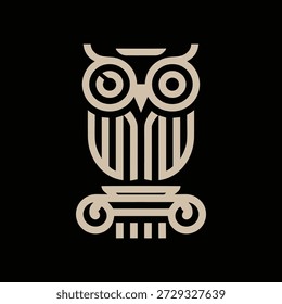 A stylized beige owl logo with large eyes and a column base, set against a solid black background, featuring clean lines and simple shapes.