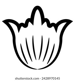 Stylized bell flower. Simple floral shape. Folk style. Black and white silhouette.