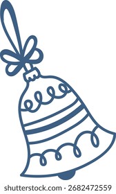 A stylized bell with swirling patterns and a ribbon in line art style. The bell features loops and stripes, topped with a bow. Cartoon vector illustration.