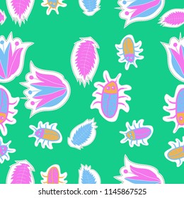 Stylized bells, doodles, leaves, beetles, dotted lines, labels seamless  pattern. Hand drawn.
