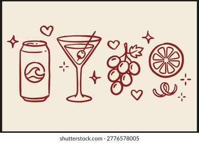 Stylized beverage illustration with soda can martini glass grapes citrus fruit and peel in playful red line art on beige background
